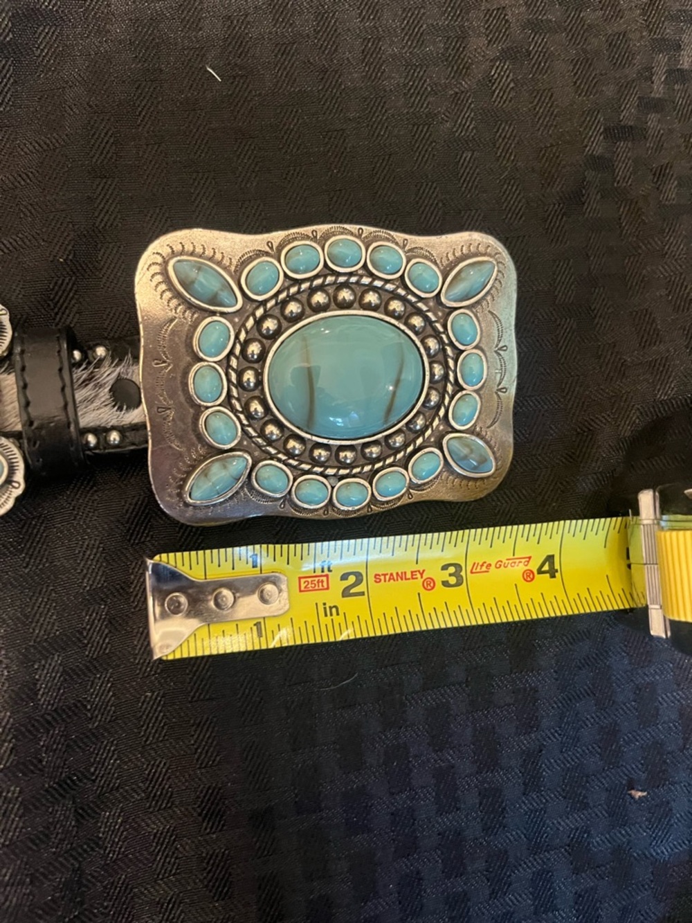 SSM numbered Cowhide adjustable Belt with Silver/Faux Turqoise Conchos - Picture 4 of 7